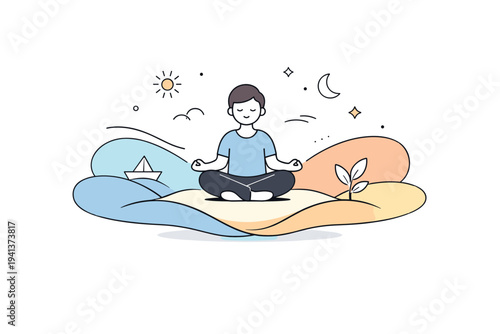 Calm abstract metaphor. Smooth flowing shapes and a small relaxed figure at the center, representing emotional calm and clarity. The mood is gentle, airy, and