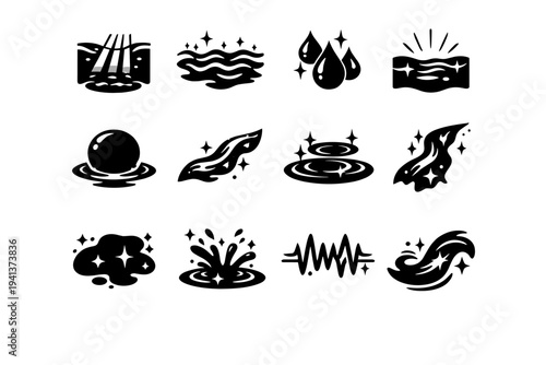 Water and Light. Solid icon set of Water and Light: light beam underwater, glowing waves, illuminated droplets, water surface glow, reflection circle, liquid
