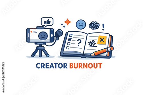 Planner influencer burnout represented by a phone recording setup next to an unfinished planner spread, expressing loss of motivation and creative block under