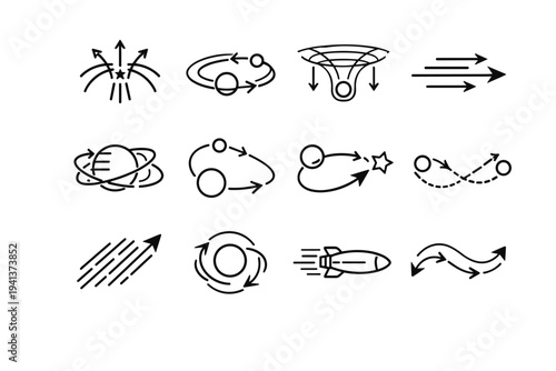 Cosmic Motion. Line icon set of Cosmic Motion: space movement arrows, orbital path, gravitational pull, velocity lines, cosmic rotation, space dynamics, motion