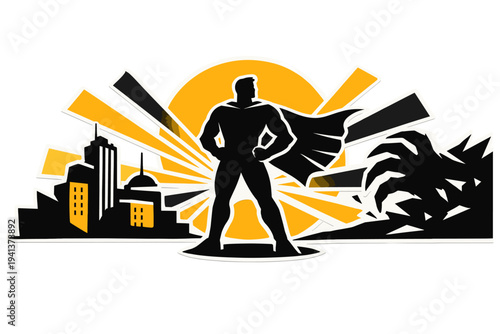 Black and white silhouette of a hero standing between abstract city shapes and an implied threat, heroic posture conveying protection and resolve, circular