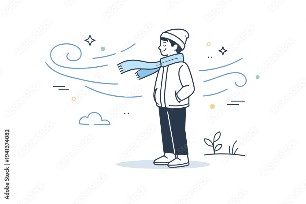 Obraz premium Cold breeze atmosphere. A person standing calmly with a scarf gently flowing in the wind, expressing freshness and light chill. The scene feels quiet and airy,