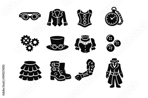 Steampunk Fashion. Solid icon set of Steampunk Fashion: goggles headwear, Victorian jacket, leather corset, pocket watch, gear accessories, top hat, lace