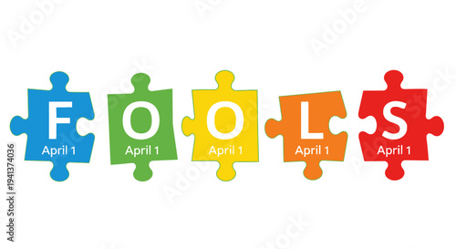 Colorful puzzle pieces spelling out fools on april 1st for april fools' day pranks and jokes