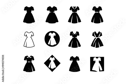 1940s fashion. Icon set. Set Logo of 1940s fashion: classic A-line dress. harmonious logo variations of the same emblematic concept, each with different