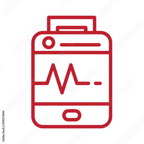 Red line icon of a smart phone with a cardiogram on its screen isolated on white background