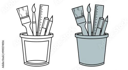 Two cups filled with art supplies including paintbrushes and colored pencils.