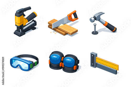 WoodFloorTools. Isometric flat vector icons set of wood floor tools: flooring nailer, saw cutting plank, hammer and nail, safety goggles, knee pads, carpenter
