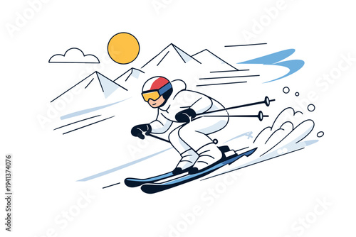 Winter Sports. Skier gliding downhill with confident motion, snow lines trailing behind. Crisp winter energy with abstract mountains and speed accents in the
