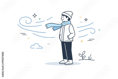 Cold breeze atmosphere. A person standing calmly with a scarf gently flowing in the wind, expressing freshness and light chill. The scene feels quiet and airy,