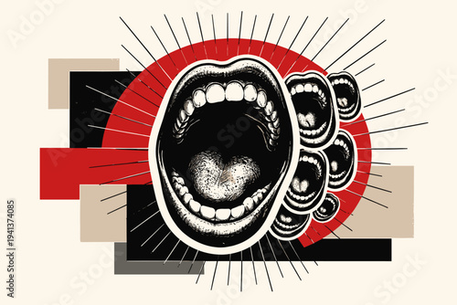 Black and white retro-style open shouting mouth with dramatic teeth and tongue detail, crisp white cut-out outline around the lips, multiple smaller duplicated