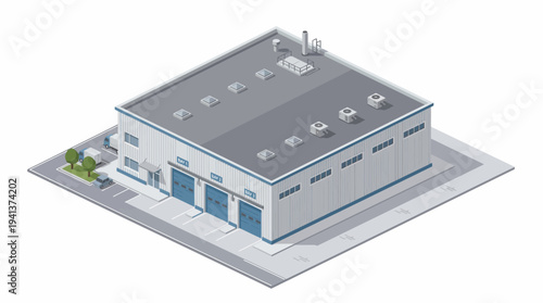 Isometric view of a modern industrial warehouse building with loading docks and office space, architectural illustration