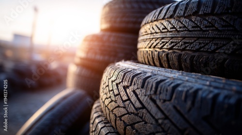 Used tires stacked together showing wear and details in late afternoon light at a tire yard
