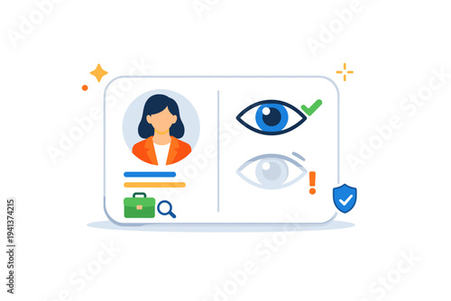 Professional visibility challenge illustrated by a profile card with an eye icon fading in and out expressing mixed reactions to public job availability. The