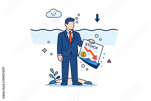 Employee option underwater visualized as a professional figure standing calmly below a water surface line, holding a sinking stock certificate that represents