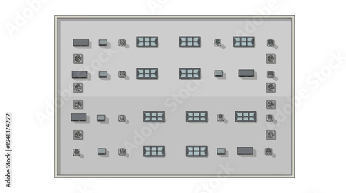 Industrial control panel with various buttons, switches, and indicator lights, organized in a grid layout for monitoring and operational control