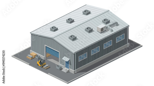Modern industrial warehouse building with loading dock and forklift in an isometric view