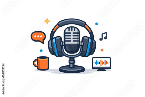 Podcast recording setup centered on a studio microphone with headphones resting around it, conveying focus, voice clarity, and professional audio creation at