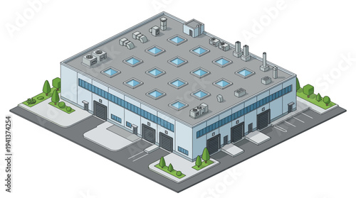 Isometric illustration of a modern industrial warehouse building with multiple loading docks and a flat roof featuring skylights and HVAC units
