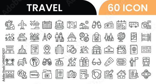 Collection of 60 travel related icons in simple line art style