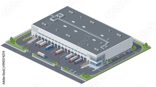 Isometric view of a modern industrial warehouse building with loading docks and trucks ready for shipment