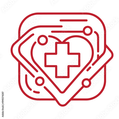 red line icon of a stethoscope wrapped around a heart with a medical cross in the center for health and medicine concepts