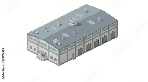 Isometric illustration of a large industrial warehouse building with multiple loading bay doors and vents on the roof