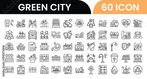 Sustainable Urban Development Icons for Green City Infrastructure and Eco Friendly Practices