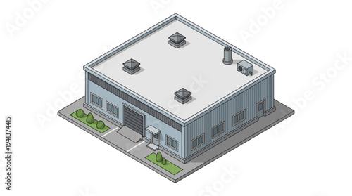 Isometric illustration of a commercial building with rooftop vents and surrounding greenery, conveying industrial or business themes