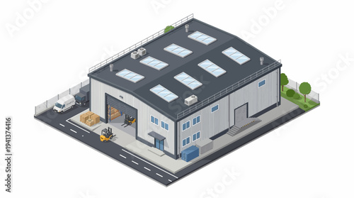Modern industrial warehouse building with loading dock and forklift operation, showcasing logistics and supply chain activities in an isometric perspective