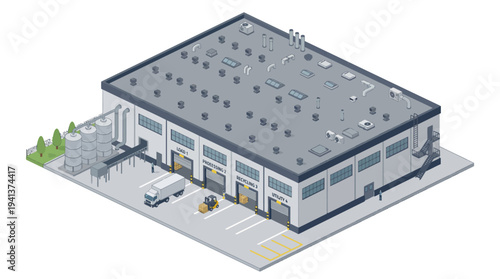 Industrial warehouse building with loading docks and trucks, illustrating logistics and distribution