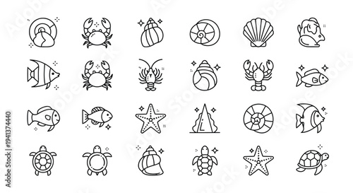Collection of whimsical line-drawn sea creatures and summer-themed icons