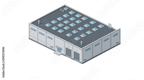 Isometric view of a modern industrial warehouse building with multiple skylights on the roof, featuring large bay doors and a sleek, functional design for storage and logistics