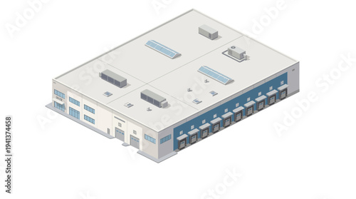 Isometric illustration of a modern industrial warehouse with loading docks and rooftop HVAC units