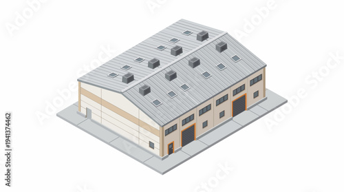Isometric view of a large industrial warehouse building with multiple loading bay doors and rooftop ventilation units on a paved lot