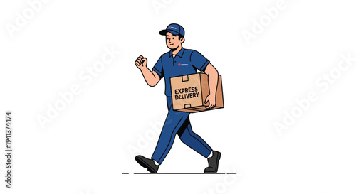 A delivery man in blue uniform walks while carrying a cardboard box with many people in the background on a white isolated background.