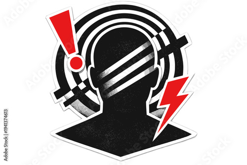 Faceless shocked character close-up, black and white head silhouette layered with concentric circles and diagonal lines symbolizing sudden realization, red