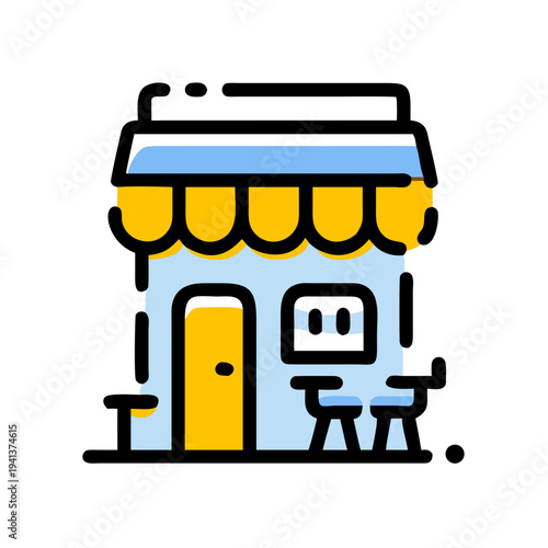 A small storefront with an awning and outdoor seating area isolated on white background, Vector