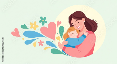 Mother and child embracing with hearts and flowers symbolizing love and affection in a tender moment