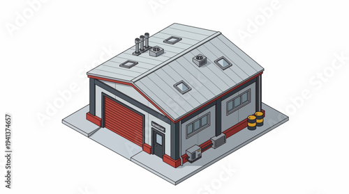 Isometric view of a modern industrial building with a large garage door and ventilation systems