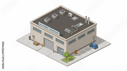 Modern industrial building with a parking lot and a car, representing business and manufacturing