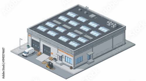 Isometric 3D illustration of a modern warehouse or factory building with loading docks, forklift, and delivery truck
