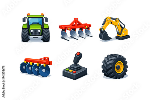 Agricultural machinery. Isometric flat vector icons set of agricultural machinery: tractor front view, rear plow attachment, hydraulic arm system, rotating