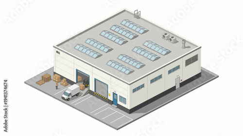 Isometric view of a warehouse with delivery truck and packages, showcasing logistics and supply chain operations