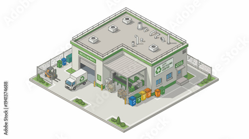 Isometric view of a modern recycling center building with trucks and bins, showcasing eco-friendly waste management and sustainability concepts in a clean, urban environment