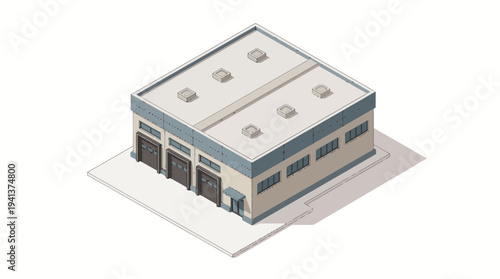 Isometric warehouse building with loading docks and garage doors, representing industrial and logistics facilities