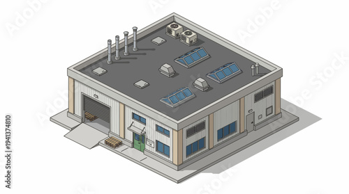 Isometric illustration of a modern industrial building with a loading dock, solar panels, and ventilation systems on the rooftop