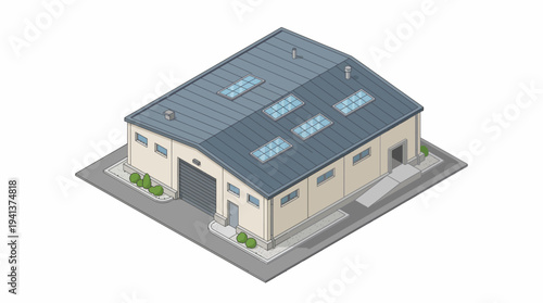 Isometric industrial building with loading dock and garage door illustration