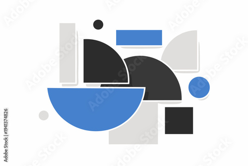 A refined geometric shapes composition with large semi-circles and rectangles floating in space, monochrome primary palette with blue accent elements, flat