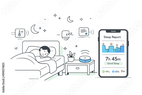 Smart bedroom sleep monitoring. Clean bedroom scene with smart sensors, phone app, and ambient indicators working together to optimize sleep environment. Calm